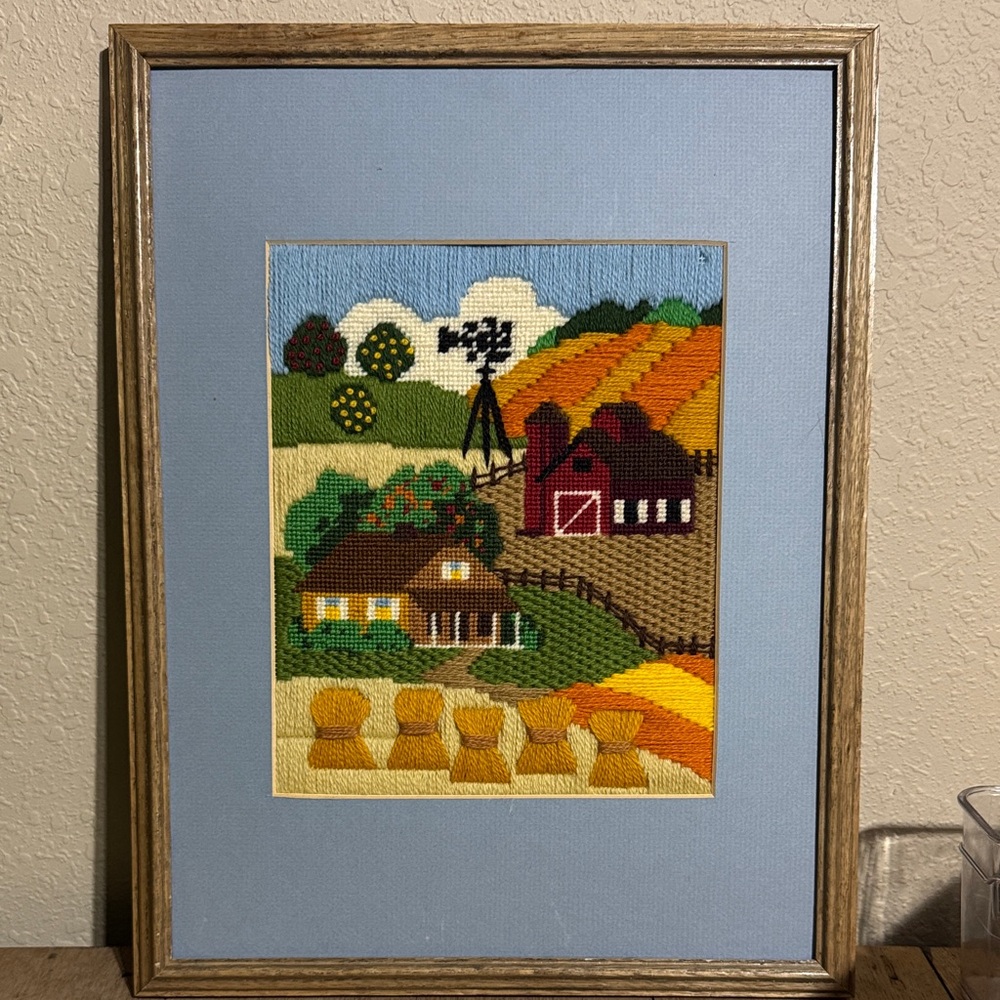 Rustic Farmhouse Needlepoint Art in Wooden Frame